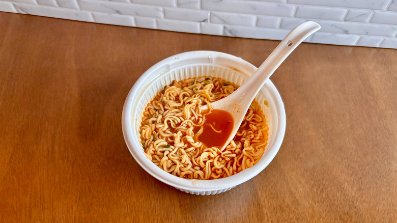 Store-bought ramen in bowl with spoon