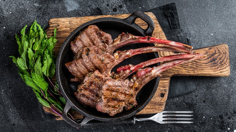 Lamb chops in iron skillet