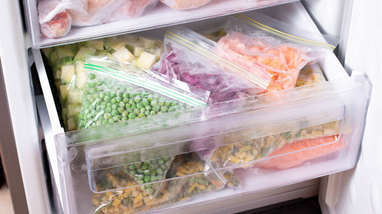 Open freezer drawer vegetables