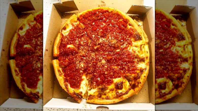 Deep dish pizza in a box from Emmett's