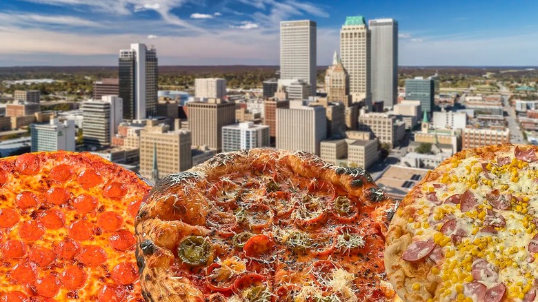 Three pizzas with Tulsa background