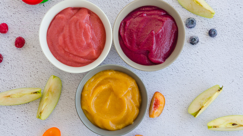 Bowls of homemade baby food