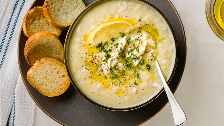 bowl of aveglemono soup