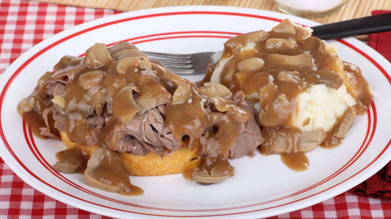 Open-faced roast beef sandwich