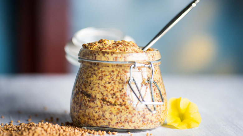 Whole grain mustard in jar