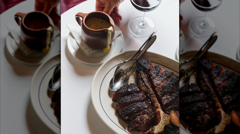 Jeffrey's steakhouse steak and sauce on white plates