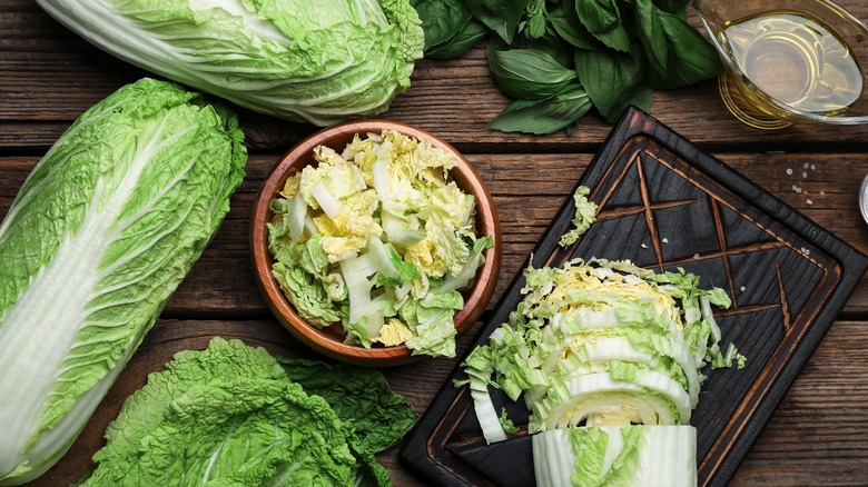 cut Chinese cabbage wooden board