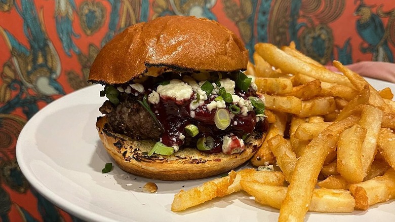 Plated burger with bleu cheese