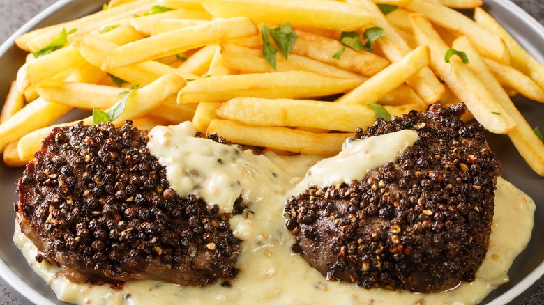 steak au poivre with french fries