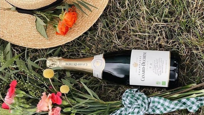 Champagne bottle, hat and flowers