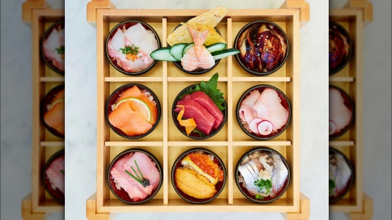 Box featuring raw fish