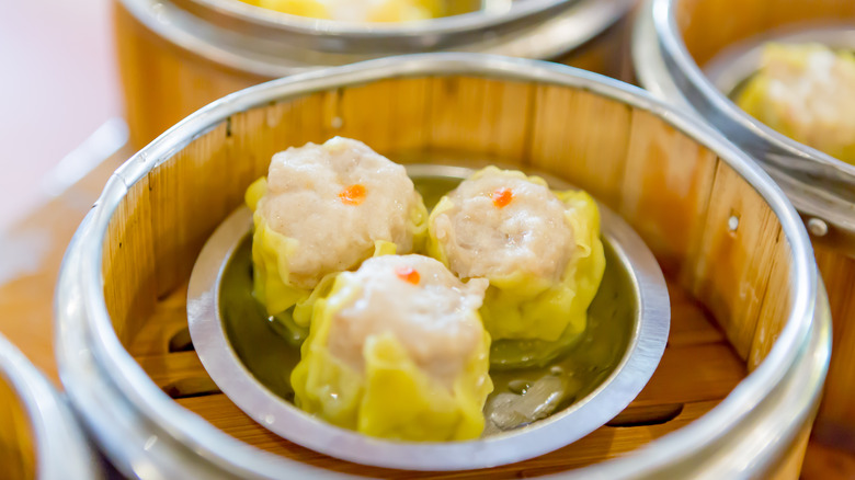 Siu mai dumpling in steamer