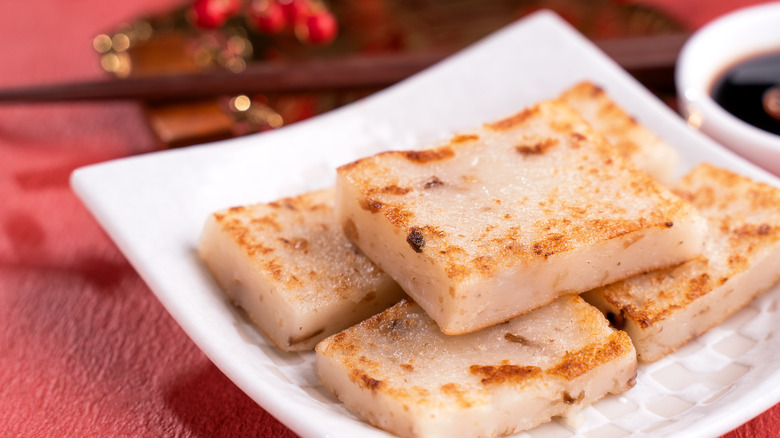 Turnip cake on white plate