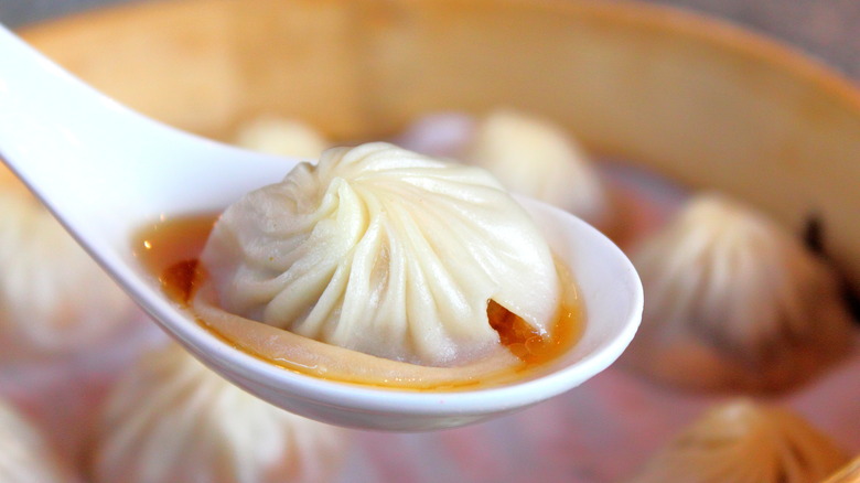 Soup dumpling on spoon