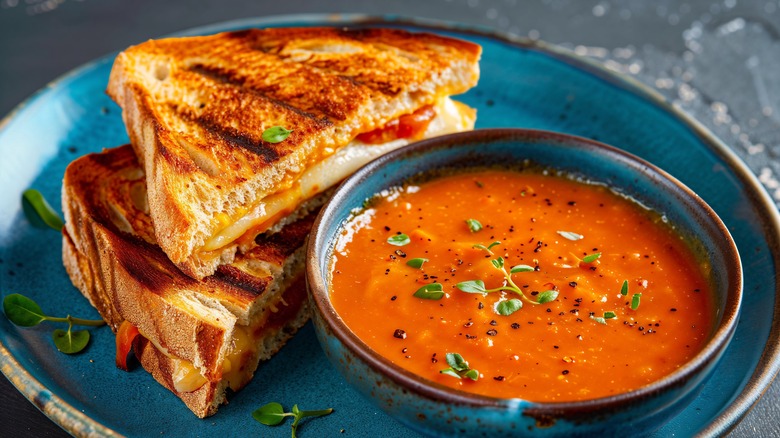 Grilled cheese sandwich, tomato soup