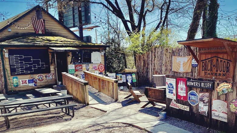 Bar patio with signs