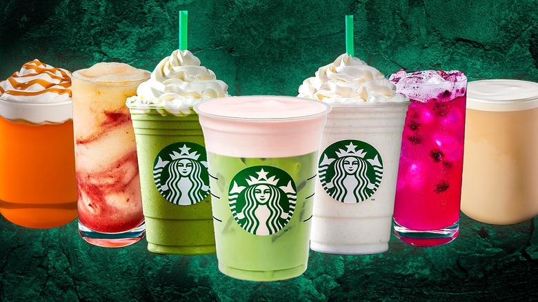 a composite image of various Starbucks drinks that are not coffee