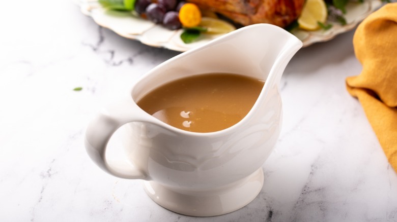 Brown gravy in gravy boat