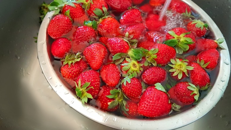 Rinsing strawberries with water