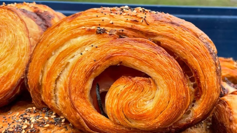 Closeup of the layered inside of a croissant