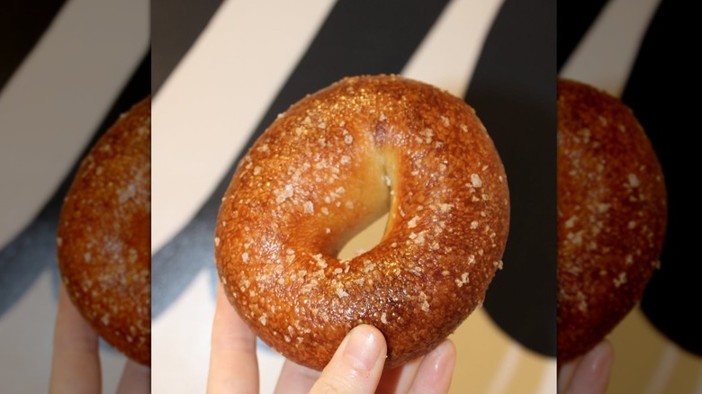 A hand holding a salted bagel