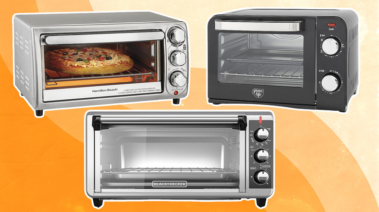 three different toaster ovens on orange background