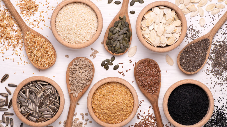 Pumpkin, sunflower, and other seeds on spoons