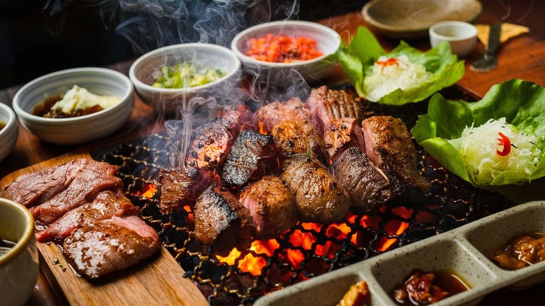 Korean BBQ meats on grill