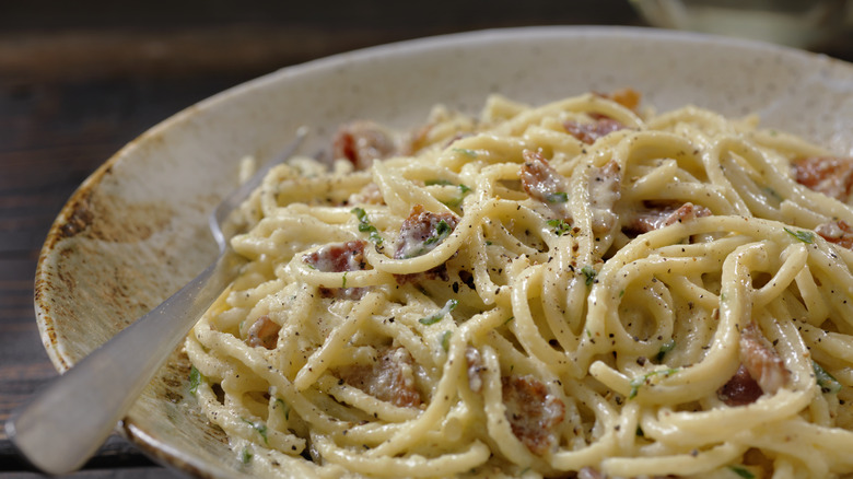 close up of plated carbonara