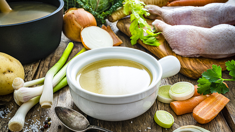 Broth, chicken, and vegetables