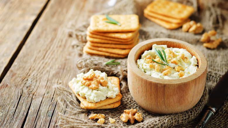 Blue cheese spread on crackers