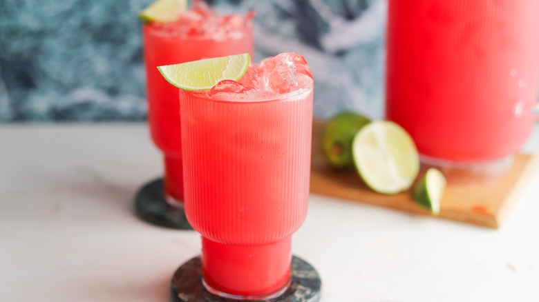 pitcher and glasses with watermelon juice