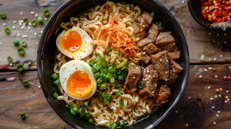 Ramen with egg, beef, and scallions