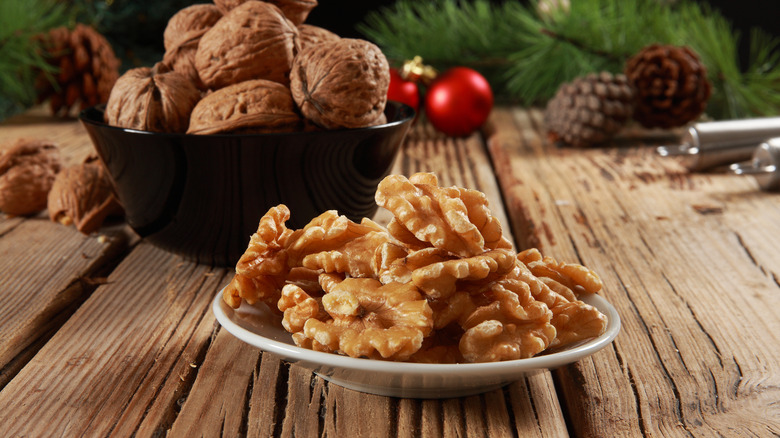 English walnuts on rustic table 