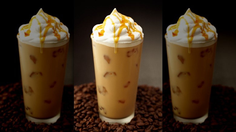 iced coffee with caramel drizzle