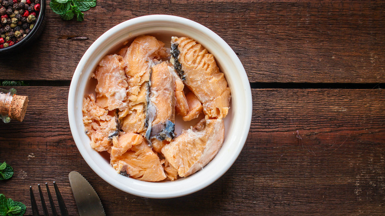 Canned salmon in bowl