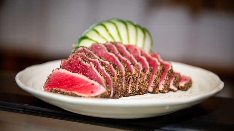 plate of sliced seared ahi tuna