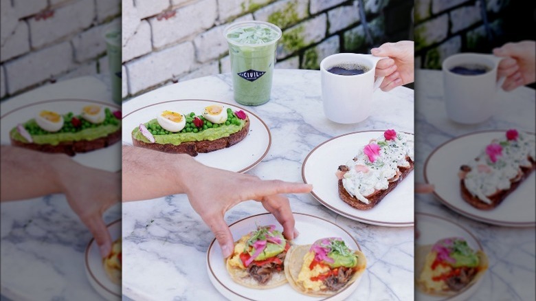 Breakfast spread with coffee