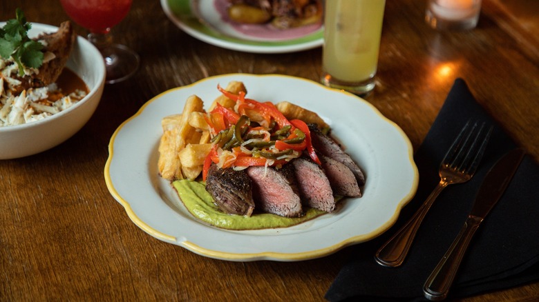 Steak frites, green sauce, plate