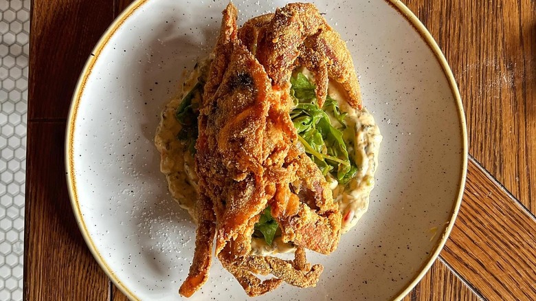 Fried softshell crab, plate, table