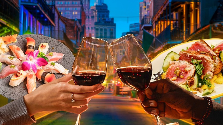 French Quarter, wine glasses, food