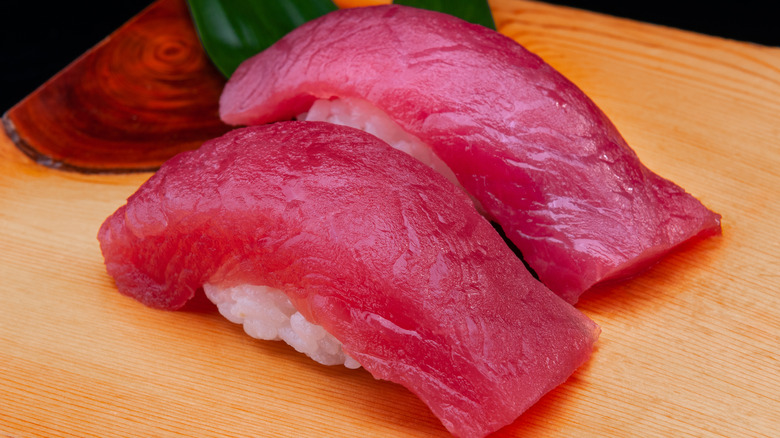 Akami nigiri on wooden board