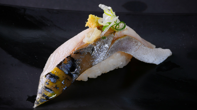 Saba nigiri with scallion and ginger