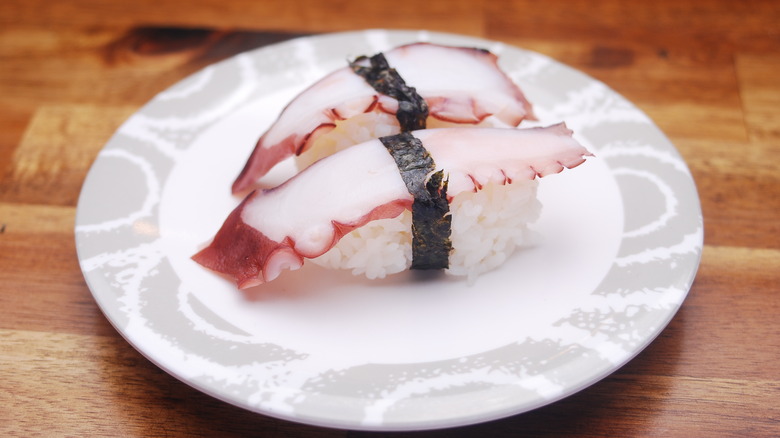 Tako nigiri on a plate