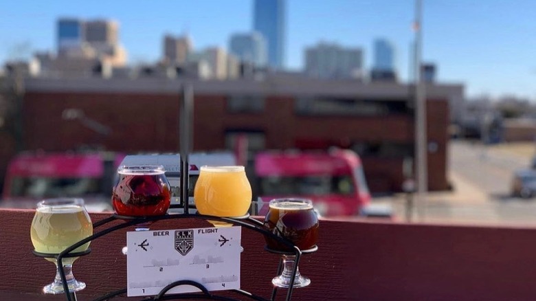 Beer flight on rooftop patio