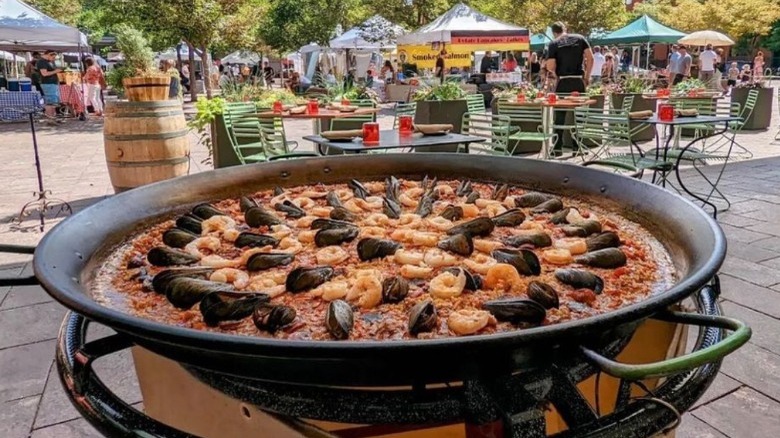 Pot of paella on patio