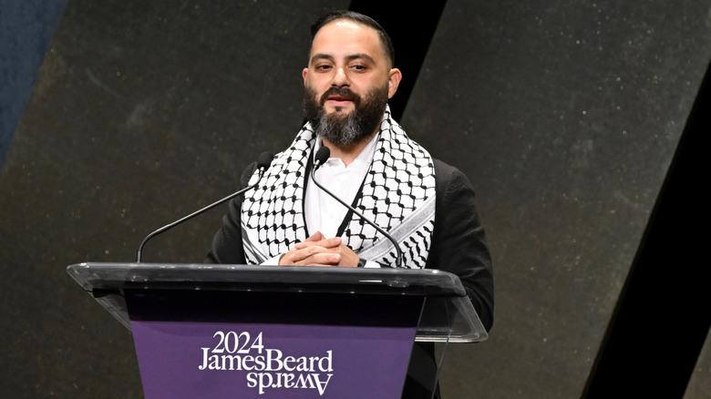 Michael Rafidi speaking at the James Beard Awards podium