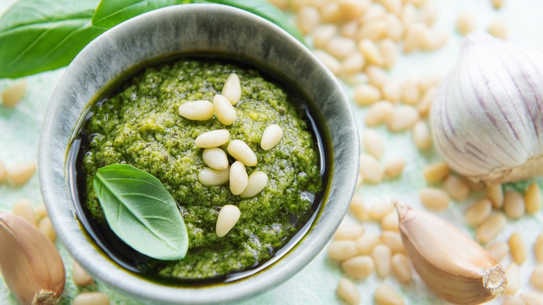 Pesto topped with pine nuts