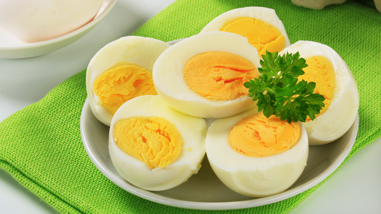 plate of halved boiled eggs