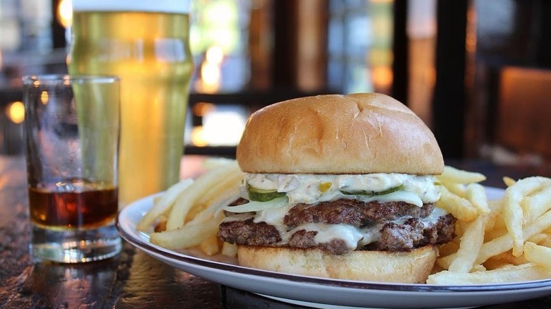 Burger with beer and fries